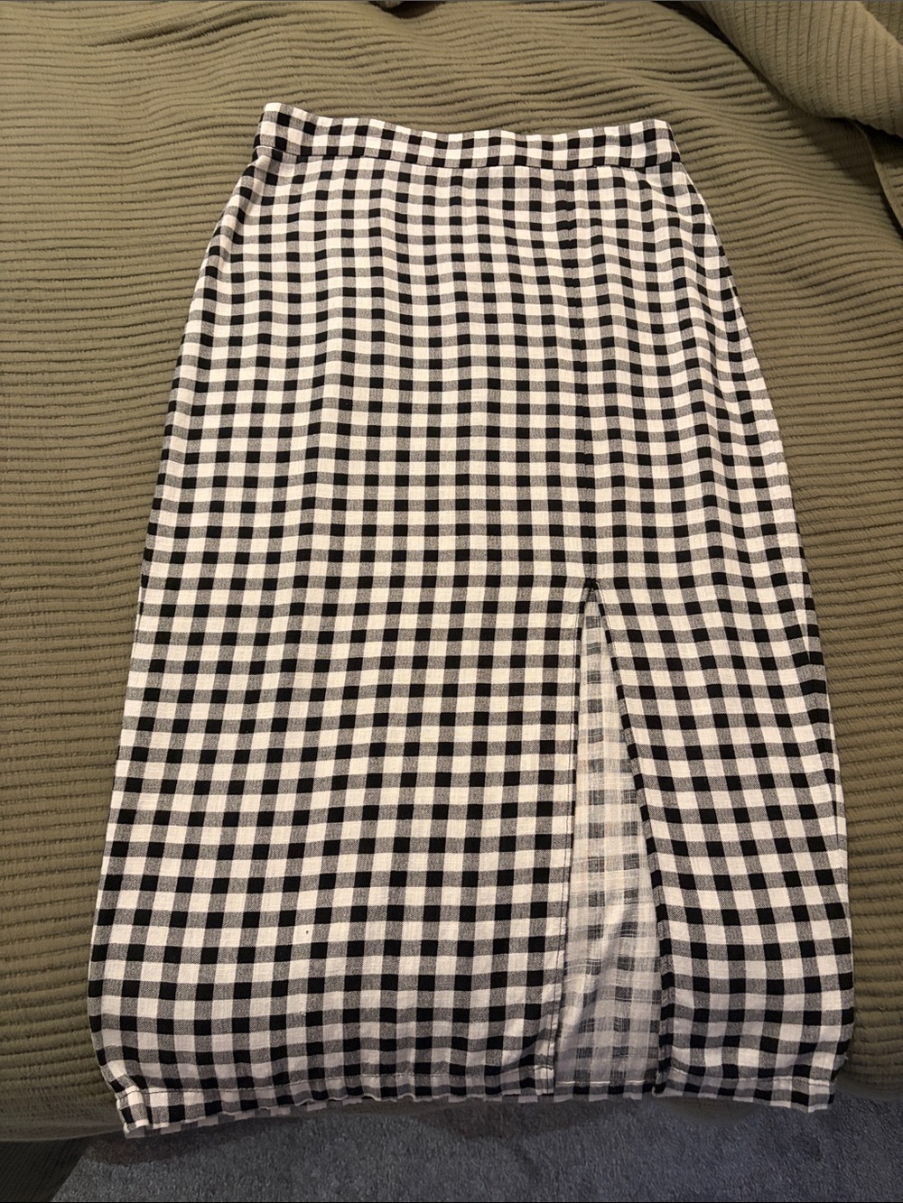 Black & White Linen Gingham Midi Skirt with Front Slit
